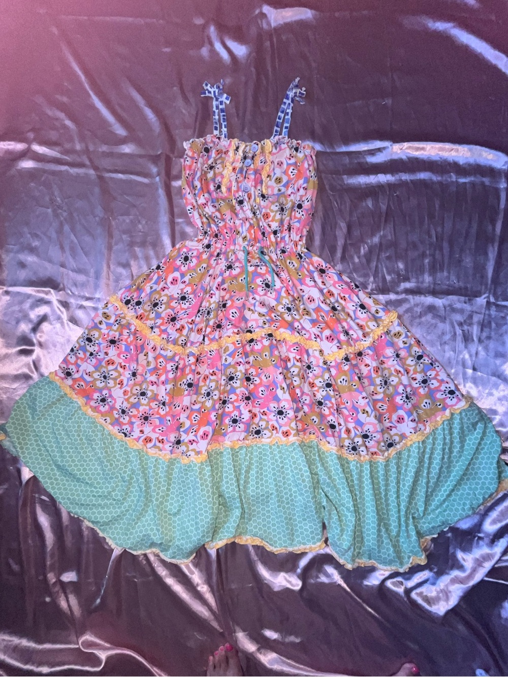Matilda Jane Pink Floral Tiered Dress with Mint Hem